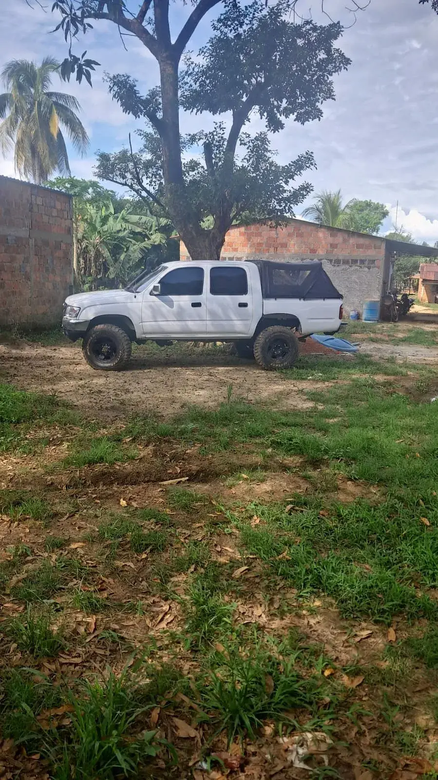 Camioneta doble cabina blanca en un patio con pasto.